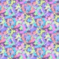 Abstract seamless tie-dye floral pattern textile print. Multicolored festive texture in on dark background