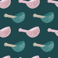 Abstract seamless utencil pattern with blue and pink mortar and pestle print. Turquoise background