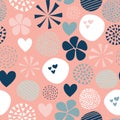 Abstract seamless vector pattern with flowers, dots, hearts in pink, white, coral, blue. Cute modern hand drawn simple feminine