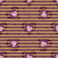 Abstract seamless vector pattern with layered purple hearts and gold stripes. Royalty Free Stock Photo
