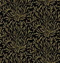 Abstract seamless vector pattern. Leaves, branches, bushes.  Golden, isolated black background. Royalty Free Stock Photo