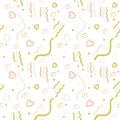 Abstract seamless vector pattern in pastel colors. Hearts, lines, points. Hand-drawn print for fabric and paper.