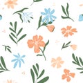 Abstract seamless vector pattern with various blue, pink flowers, leaves and buds Royalty Free Stock Photo