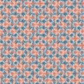 Abstract seamless vector pattern with white and blue daisy petals on orange background.