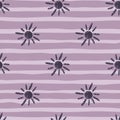 Abstract seamless weather pattern with ethnic sun ornament. Purple pastel striped background Royalty Free Stock Photo