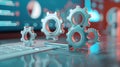 Abstract search engine icon with floating gears.