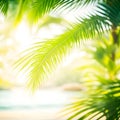 Abstract seascape with palm tree, tropical beach background. blur bokeh light of calm sea and sky. summer vacation background Royalty Free Stock Photo