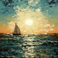 Abstract Seascape Sunset Cruise Oil Painting On Canvas Royalty Free Stock Photo
