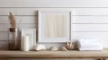 Abstract Seascapes: White Table With Neutral-colored Items Near Wooden Wall Royalty Free Stock Photo
