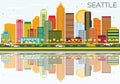 Abstract Seattle Skyline with Color Buildings and Reflections. Royalty Free Stock Photo