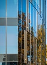 Abstract section of a modern building with a glass facade in which the sun is reflected