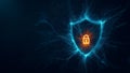 Abstract security shield with padlock icon, glowing in blue and orange, symbolizes protection and safety in digital environment Royalty Free Stock Photo