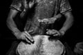 Four handed djembe drum playing Royalty Free Stock Photo