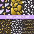 Abstract Semless Patterns Set with Gold Glitter Elements. Dark Hand Drawn Backgrounds Memphis Style for Posters
