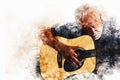 Abstract colorful senior man playing acoustic guitar in the foreground on Watercolor painting background.