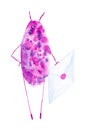 Abstract serious purple bird drop stands and holds an envelope with a letter. Comic watercolor illustration isolated on white