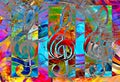 Abstract set of music clefs and lines with notes, music theme graphic collage.