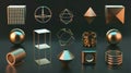 An abstract set of objects, geometric shapes, assorted signs, and symbols on a black background. Royalty Free Stock Photo