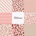 Set of seamless patterns. Geometric backgrounds with circles, waves, triangles in color live coral. Design of various surfaces.