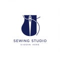 Abstract sewing logo featuring a navy blue needle threaded through a stylized button Royalty Free Stock Photo
