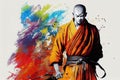 Abstract Shaolin monk portrait with colorful paint splash background