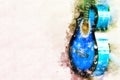 Abstract shape on acoustic Guitar in the foreground on Watercolor painting background. Royalty Free Stock Photo