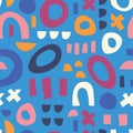 Abstract shapes blue pink orange white seamless vector kids pattern. Contemporary geometric elements puzzle mosaic Royalty Free Stock Photo