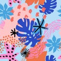 Abstract shapes, cartoon grunge texture, brush strokes, doodle, tropics florals background