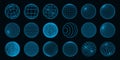 Abstract shapes. 3D line grid design spheres with dot particles. Technology globe figure elements. Neon blue. Concentric