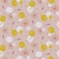 Abstract shapes and florals seamless pattern. Pale pink and mustard repeat background for wrap, textile and print design