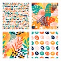 Abstract shapes geometric vector pattern in bright colors with tropical leaves, brush strokes and animal texture print Royalty Free Stock Photo