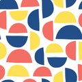 Abstract shapes kids pattern. Semicircles seamless vector background blue red yellow on white