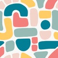 Abstract shapes seamless vector pattern. Blocks, arcs, dots in blue, teal, pink, red on white. Hand drawn vector texture Royalty Free Stock Photo