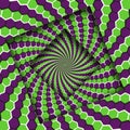 Abstract shifted frames with a moving green purple hexagons spiral pattern. Optical illusion background