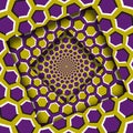 Abstract shifted frames with a moving yellow purple hexagons pattern. Optical illusion background