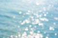 Abstract shining sunlight bokeh on blue sea water texture background. Royalty Free Stock Photo