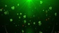 Abstract Shiny Floral Emerald Green Metal Three Leafed Clover Particles Symbol 3D Rendering And Glitter Dust Flying With Light Bur