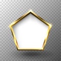 Abstract shiny golden pentagon frame with white empty space for text, on transparent background, vector illustration.