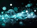 Abstract Shiny Turquoise Bubbles with Glowing Particles on Black Background Royalty Free Stock Photo