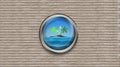 Abstract ship porthole overlooking the palm-tree island and the