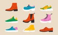 Abstract shoes icons. Set of walking boots, gym sport sneakers, hiking footwear, hand drawn isolated shoes. Vector Royalty Free Stock Photo