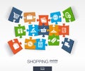 Abstract shopping background with connected color puzzles, integrated flat icons. 3d infographic concept with shop, money