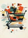 An abstract shopping cart design showcases geometric shapes and flowing lines, creating a dynamic and colorful visual