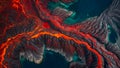 abstract shot of a lava flow flowing between black rocks in fiery red tones and flowing into the cold waters of the sea Royalty Free Stock Photo