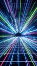 Dynamic abstract digital depicting a neon grid and light streaks exploding from a central point in vibrant blue pink and green Royalty Free Stock Photo