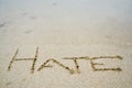 Abstract sign of word hate written on a sand beach background Royalty Free Stock Photo