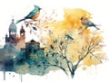 Abstract Silhouette of the cathedral of the ancient city, spring, birds on a branch created with Generative AI
