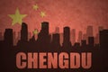 Abstract silhouette of the city with text Chengdu at the vintage chinese flag