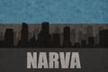 Abstract silhouette of the city with text Narva at the vintage estonian flag