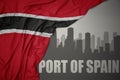 Abstract silhouette of the city with text Port of Spain near waving national flag of trinidad and tobago on a gray background. 3D